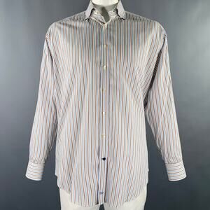 THOMAS DEAN Size L White Blue Brown Stripe Cotton Oversized Long Sleeve Shirt